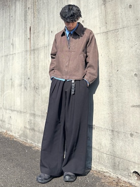 「WYM LIDNM（ウィム バイ リドム）のSLIGHT FLARE DOUBLE CLOTH BAGGY SLACKS（スラックス、ブラック系）」を使った、はるさん（メンズ・167cm）の春コーディネート