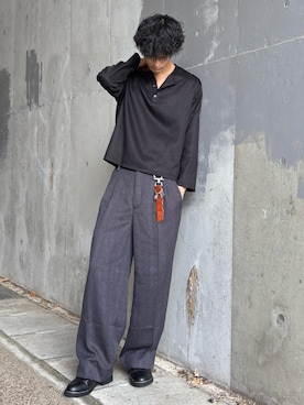 「WYM LIDNM（ウィム バイ リドム）のREFINED WAFFLE HENLEY NECK L/S TEE（Tシャツ/カットソー、ブラック系）」を使った、はるさん（メンズ・167cm）の秋コーディネート