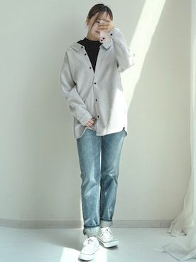 「nissen（ニッセン）のハイウエストストレートデニムパンツ　ノンストレッチジーンズ（デニムパンツ）」を使った、ねぎこさん（レディース・159cm）の夏コーディネート