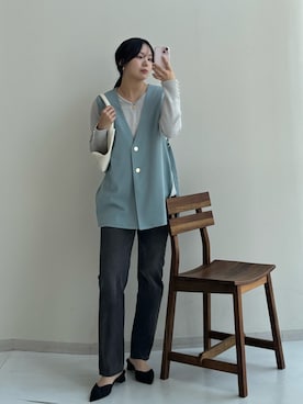 「nissen（ニッセン）のハイウエストストレートデニムパンツ　ノンストレッチジーンズ（デニムパンツ）」を使った、ねぎこさん（レディース・159cm）の冬コーディネート