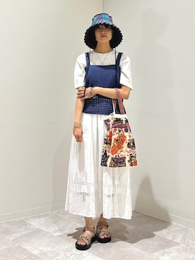 「アイテム（ベスト、ブルー系）」を使った、森川さん（レディース・159cm）の夏コーディネート