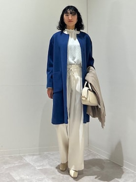 「ブラウス」｜「アイテム（ノーカラーコート）」を使った、森川さん（レディース・159cm）の冬コーディネート