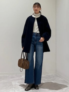 「アイテム（ノーカラーコート）」を使った、森川さん（レディース・159cm）の秋コーディネート