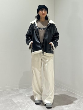 「ロゴニット」｜「アイテム（ムートンコート）」を使った、森川さん（レディース・159cm）の秋コーディネート