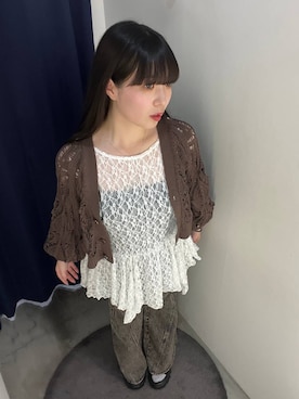 「PAGEBOY（ページボーイ）のスカシリーフニットボレロ 【一部カラーWEB限定】（カーディガン/ボレロ、ブラウン系）」を使った、ナナさん（レディース・160cm）の春コーディネート