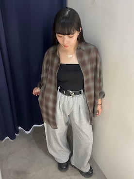 「PAGEBOY（ページボーイ）のオンブレチェックシャツ/チェックシャツ【2WAY仕様/シワになりにくい】（シャツ/ブラウス、ブラウン系）」を使った、ナナさん（レディース・160cm）の夏コーディネート