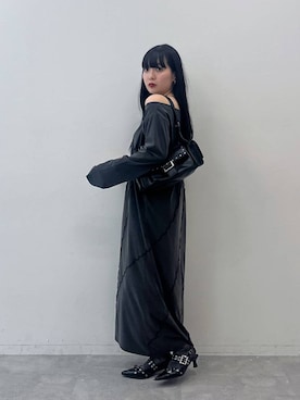 「PAGEBOY（ページボーイ）のサンドヴィンテージキリカエロングスリーブワンピース(長袖) 【ボートネック・ワンショルダー対応】（ワンピース）」を使った、ナナさん（レディース・160cm）の夏コーディネート