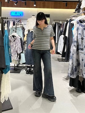 「PAGEBOY（ページボーイ）のマルチWAYネックヘンリー【ワンショル/オフショル/紐取り外し可能】（Tシャツ/カットソー、グレー系）」を使った、ナナさん（レディース・160cm）の夏コーディネート
