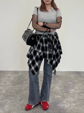 「3.3 Field Trip （3.3フィールドトリップ）の3.3 Field Trip／ダブルポケットレザーBAG（ハンドバッグ）」を使った、Aさん（レディース・165cm）の夏コーディネート