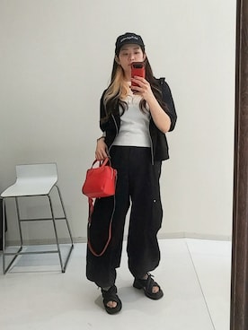 「nissen（ニッセン）のU.S. POLO ASSN.（ユーエスポロアッスン）つば長め洗えるUVシンプルキャップ（選べる２サイズ）（キャップ、ブラック系）」を使った、kimmy165さん（レディース・165cm）の夏コーディネート
