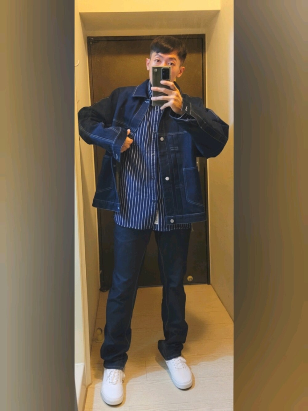 「ootd、牛仔外套、丹寧、襯衫、秋服準備はじめました、Onetone、plain-me、mouggan、HOUSTON、VANS」｜「EDWINのアイテム（デニムパンツ、ブルー系）」を使った、hongtien🇹🇼さん（メンズ・170cm）の秋コーディネートの1枚目の写真