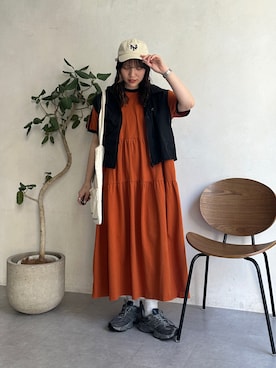 「アイテム（ワンピース、オレンジ系）」を使った、ヒジリさん（レディース・158cm）の夏コーディネート