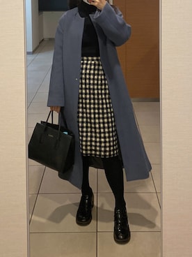 「オールブラック」｜「アイテム（ノーカラーコート）」を使った、メさん（レディース・157cm）の冬コーディネート