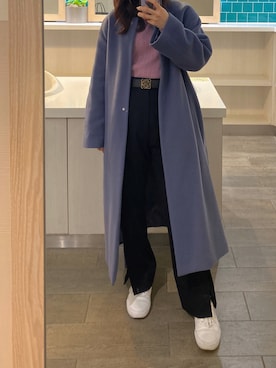 「スリット」｜「アイテム（ノーカラーコート）」を使った、メさん（レディース・157cm）の冬コーディネート