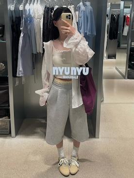 「LOWRYS FARM（ローリーズファーム）のフリルフードシャツ　579513（シャツ/ブラウス、ホワイト系）」を使った、mayaさん（レディース・155cm）の夏コーディネート