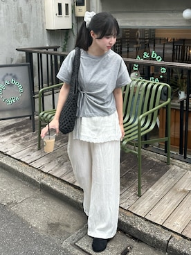 「sheinのアイテム（Tシャツ/カットソー、グレー系）」を使った、mayaさん（レディース・155cm）の夏コーディネート
