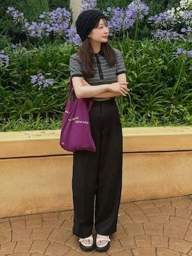 「TODAYFUL（トゥデイフル）のBorder Polo Tops（ポロシャツ、グレー系）」を使った、mayaさん（レディース・155cm）の夏コーディネート