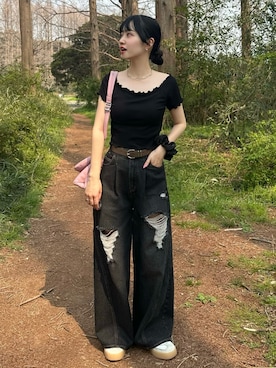 「GU（ジーユー）のアイテム（トップス、ブラック系）」を使った、mayaさん（レディース・155cm）の春コーディネート