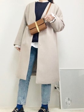 「#今日のコーデ」｜「アイテム（ノーカラーコート）」を使った、eka_yoさん（レディース・158cm）の冬コーディネート
