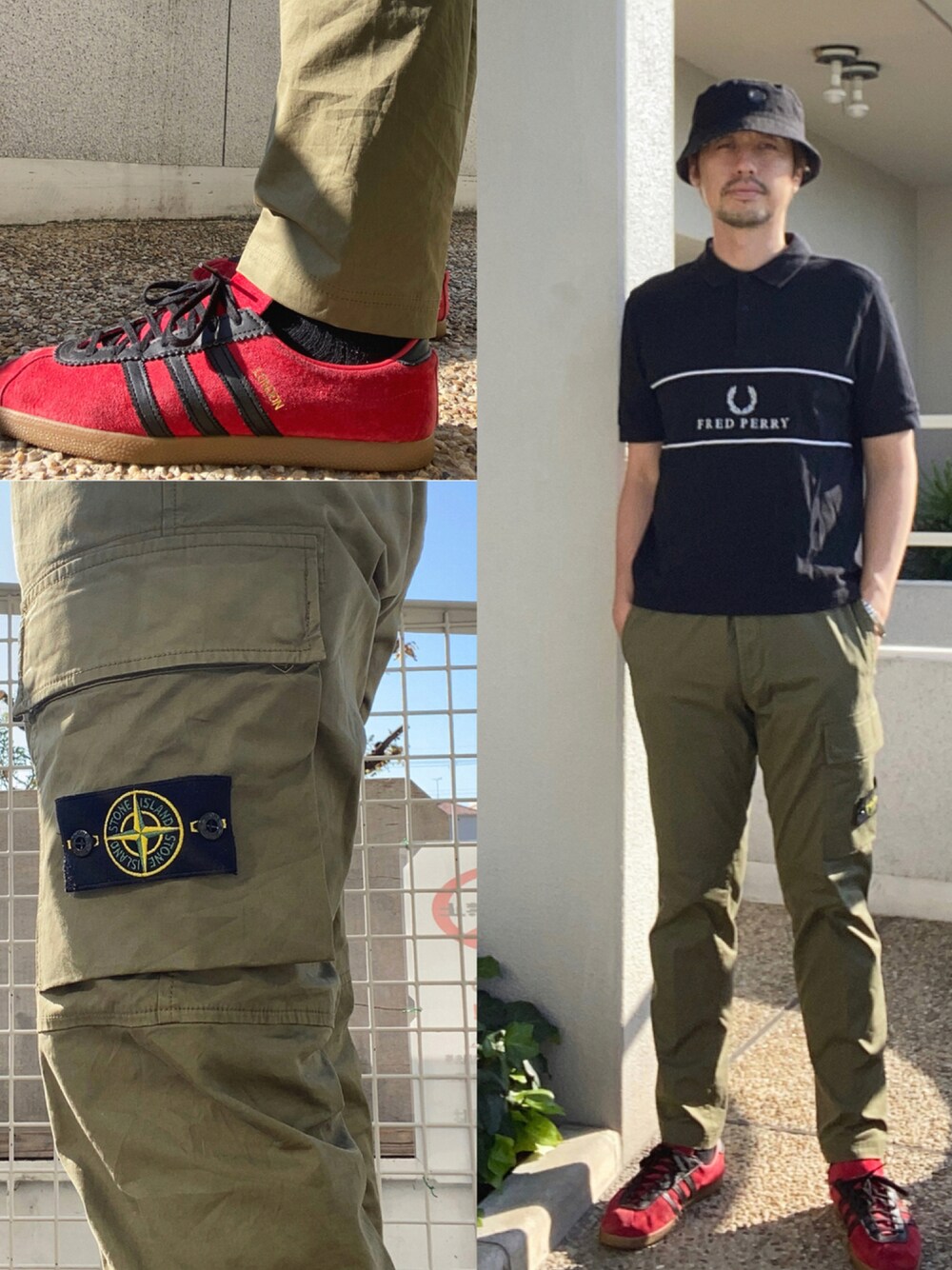ブラック系のポロシャツ、ブラウン系のカーゴパンツ、レッド系のスニーカーを着用したメンズの秋コーディネートの1枚目の写真