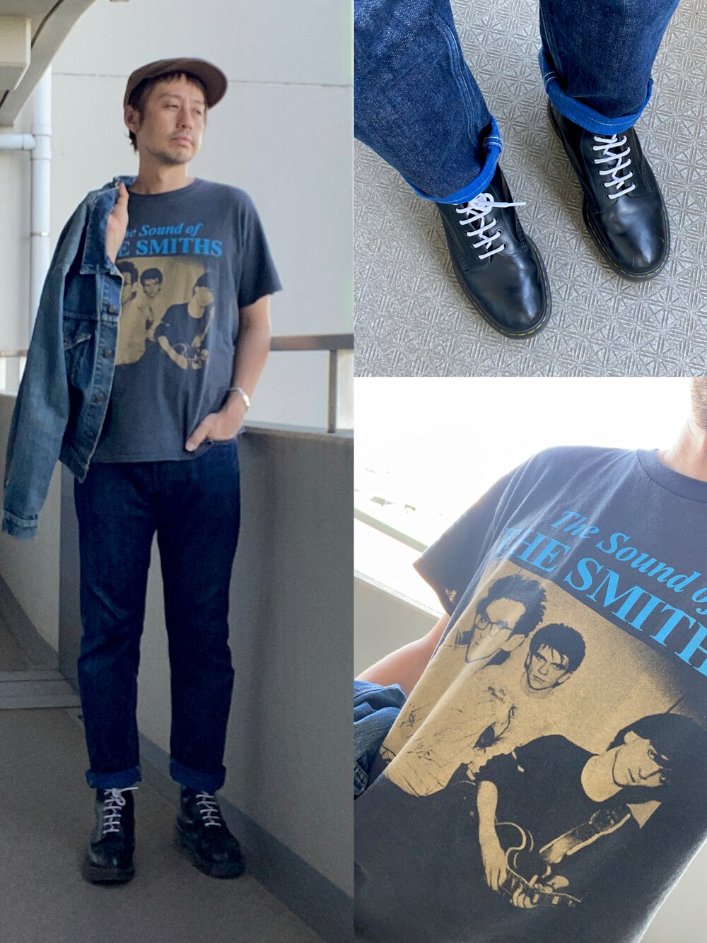 ブルー系のデニムパンツ、ブルー系のデニムジャケット、ブラック系のブーツを着用したメンズの秋コーディネートの1枚目の写真