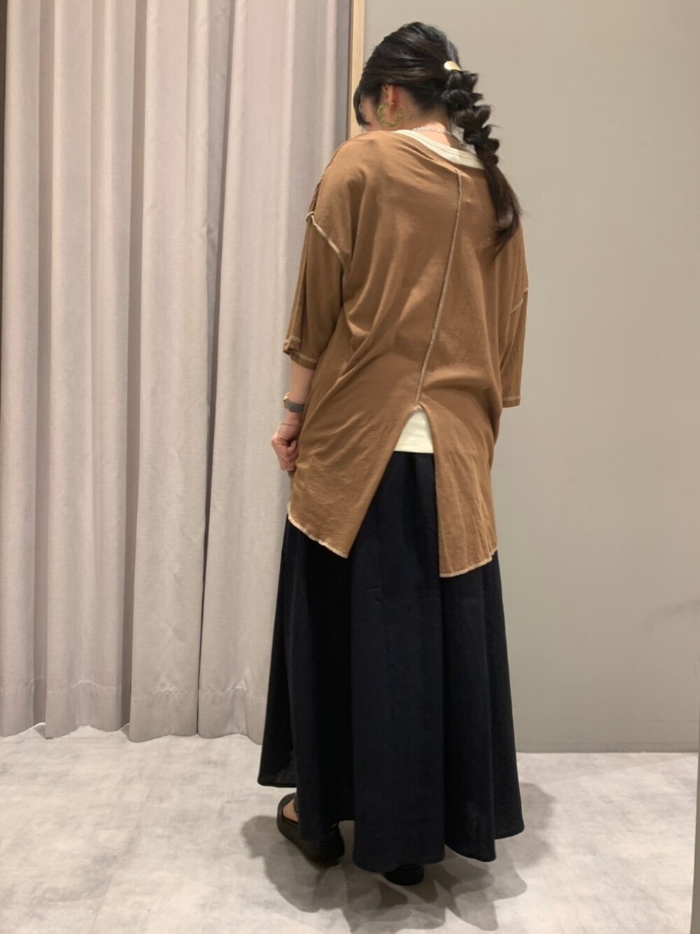 「楽チンコーデ、Tシャツ、低身長女子、MelanCleuge、オーガニックコットン、リネン、ロングスカート」｜「Melan Cleugeのアイテム（Tシャツ/カットソー、ブラウン系）」を使った、てらさん（レディース・153cm）の夏コーディネートの1枚目の写真
