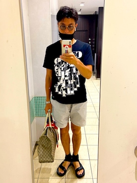 「WHITE MOUNTAINEERING（ホワイトマウンテニアリング）のアイテム（Tシャツ/カットソー）」を使った、ろみひーさん（メンズ・175cm）の夏コーディネート