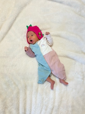 「HYSTERIC MINI（ヒステリックミニ）のMINILA ベビーキャップ（ハット、ピンク系）」を使った、ぽんさんの冬コーディネート