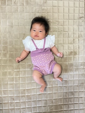 「アイテム（ロンパース、パープル系）」を使った、ぽんさん（キッズ・60cm）の春コーディネート