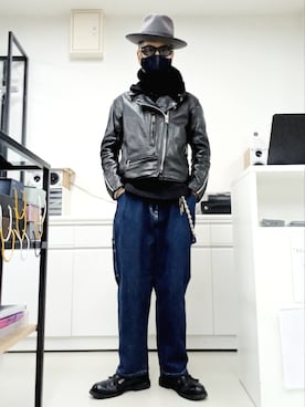 「VANSON（ヴァンソン）のアイテム（ライダースジャケット）」を使った、2440046さん（メンズ・172cm）の冬コーディネート
