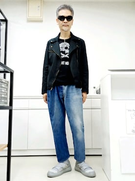 「no brand（ノーブランド）のアイテム（ライダースジャケット）」を使った、2440046さん（メンズ・172cm）の秋コーディネート