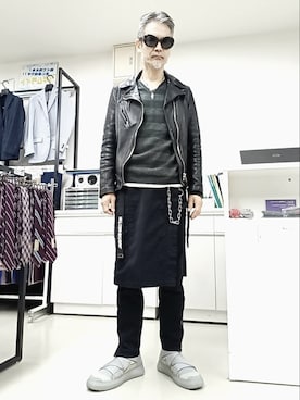 「ラップパンツ」｜「アイテム（ライダースジャケット）」を使った、2440046さん（メンズ・172cm）の秋コーディネート