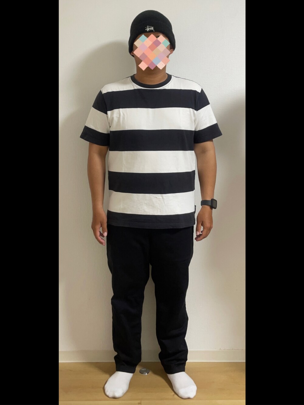 「ニット帽、Tシャツ、シェフパンツ」｜「STUSSYのアイテム（ニットキャップ/ビーニー、ブラック系）」を使った、tnk0225wakkirさん（メンズ・170cm）の夏コーディネートの1枚目の写真