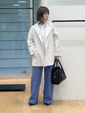 「INDIVI（インディヴィ）の【褒められパンツ／ウール混】ウォームウール ワイドパンツ（その他パンツ、ブルー系）」を使った、asamiさん（レディース・156cm）の春コーディネート