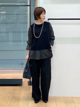 「INDIVI（インディヴィ）の【洗える／1枚でコーデ完成】重ね着風ニットトップス（Tシャツ/カットソー、ブラック系）」を使った、asamiさん（レディース・156cm）の秋コーディネート