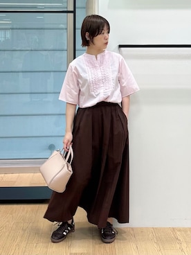 「INDIVI（インディヴィ）の【接触冷感／5分袖】フリルタックブラウス（シャツ/ブラウス、ピンク系）」を使った、asamiさん（レディース・156cm）の秋コーディネート