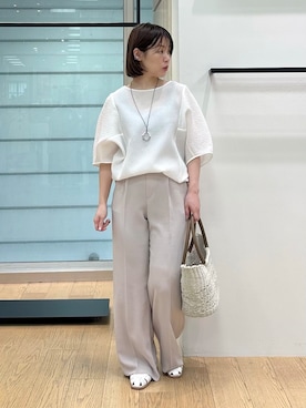 「INDIVI（インディヴィ）の【華奢見え】ジャカード ドルマントップス（Tシャツ/カットソー、ホワイト系）」を使った、asamiさん（レディース・156cm）の夏コーディネート
