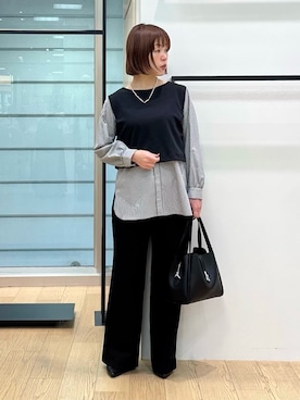 「INDIVI（インディヴィ）の【褒められパンツ／ウール混】ウォームウール ワイドパンツ（その他パンツ、ブラック系）」を使った、asamiさん（レディース・156cm）の春コーディネート