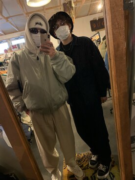 「STUSSY（ステューシー）のアイテム（ニットキャップ/ビーニー、ホワイト系）」を使った、hiroki さん（メンズ・170cm）の冬コーディネート
