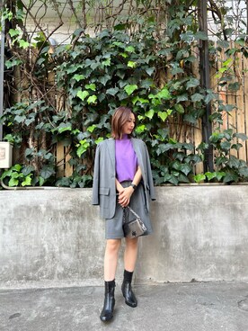 「ARMANI EXCHANGE（アルマーニエクスチェンジ）の【A|X アルマーニ エクスチェンジ】半袖モックネックニット（ニット/セーター、パープル系）」を使った、furuyamanさん（レディース・161cm）の秋コーディネート