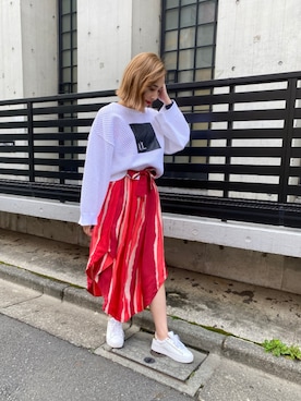 「ARMANI EXCHANGE（アルマーニエクスチェンジ）の【A|X アルマーニ エクスチェンジ】LAVAプリント　キャミソールワンピース（ワンピース、レッド系）」を使った、furuyamanさん（レディース・161cm）の春コーディネート