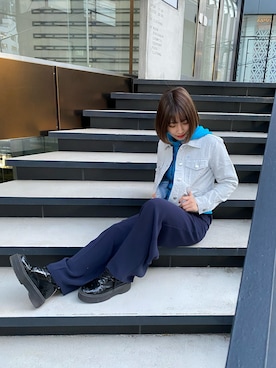 「ARMANI EXCHANGE（アルマーニエクスチェンジ）の【A|X アルマーニ エクスチェンジ】ツイルワイドパンツ（スラックス、ブルー系）」を使った、furuyamanさん（レディース・161cm）の冬コーディネート