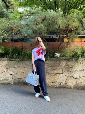 「ARMANI EXCHANGE（アルマーニエクスチェンジ）の【A|X アルマーニ エクスチェンジ】メッシュトートバッグ（トートバッグ、シルバー系）」を使った、furuyamanさん（レディース・161cm）の夏コーディネート