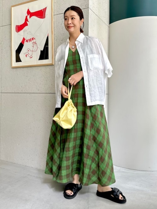 リネンチェック Vネックロングワンピース（ワンピース）｜CABaN