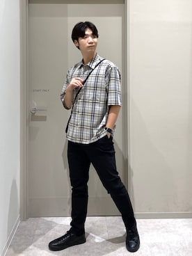 「GLOBAL WORK（グローバルワーク）のスゴラクストレッチスリムパンツ/601335（その他パンツ、ブラック系）」を使った、ゆさん（メンズ・175cm）の夏コーディネート
