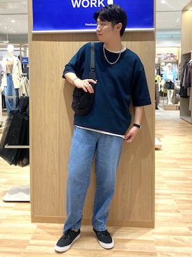 「GLOBAL WORK（グローバルワーク）のCOOLデニム/イージーパンツ/666054（デニムパンツ、ブルー系）」を使った、ゆさん（メンズ・175cm）の春コーディネート