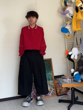 「GRANCY（グランシー）の【GRANCY】Ziplayered Wideshort Poloshirt / ジップレイヤード ワイドショート ポロシャツ（ポロシャツ、レッド系）」を使った、しゅーたさん（メンズ・167cm）の春コーディネート