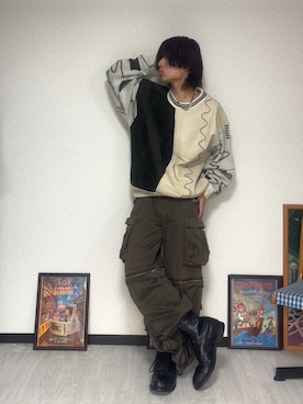 「アイテム（カーゴパンツ、グリーン系）」を使った、しゅーたさん（メンズ・167cm）の冬コーディネート