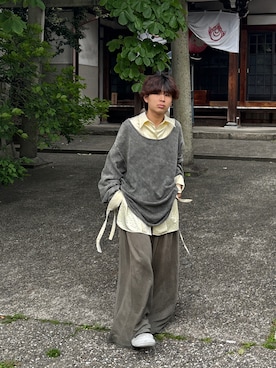 「INTER FACTORY（インターファクトリー）のカイチ - オーバーサイズワッフルロンT - made in INTERFACTORY（Tシャツ/カットソー、ベージュ系）」を使った、しゅーたさん（メンズ・167cm）の春コーディネート