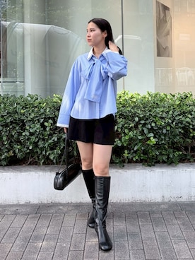 「LAGUNAMOON（ラグナムーン）のダブルクロスショートパンツ（その他パンツ、ブラック系）」を使った、NANAMI NAKAMURAさん（レディース・160cm）の夏コーディネート